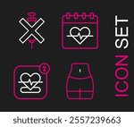 Set line Women waist, Mobile with heart rate, Heart and No doping syringe icon. Vector