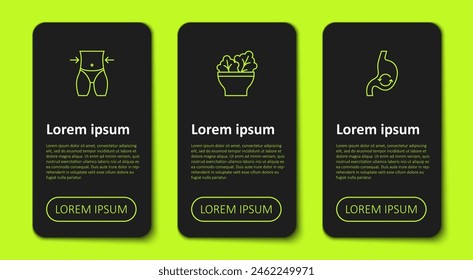 Set line Women waist, Salad in bowl and Human stomach health. Business infographic template. Vector