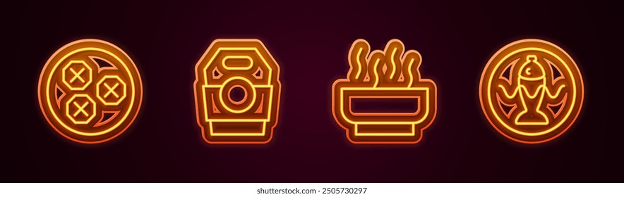 Set line Wonton, Asian noodles in paper box, Ramen soup bowl and Served fish plate. Glowing neon icon. Vector