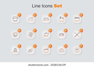 Set line Wonton, Soy sauce in bowl, Ramen soup, Zongzi bamboo steamer, Chinese egg, Food chopsticks, Served fish plate and Traditional ceremony icon. Vector