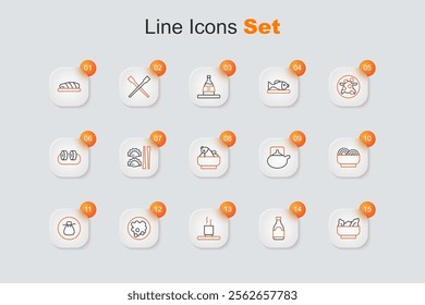 Set line Wonton, Soy sauce bottle, Cup of tea, Rice in bowl, Asian noodles, Traditional ceremony and with fish icon. Vector