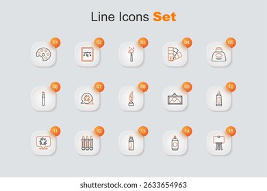 Set line Wood easel, Paint spray can, Marker pen, Wax crayons for drawing, Tube with paint palette, Picture landscape and Feather inkwell icon. Vector