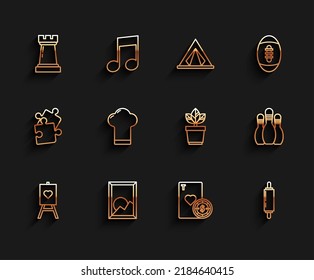 Set line Wood easel or painting art boards, Picture landscape, Chess symbol, Casino chip playing cards, Rolling pin, Chef hat, Bowling and Flowers pot icon. Vector