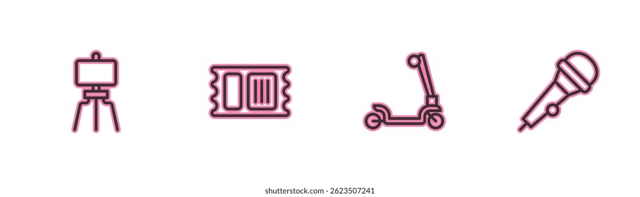 Set line Wood easel, Roller scooter, Circus ticket and Microphone icon. Vector