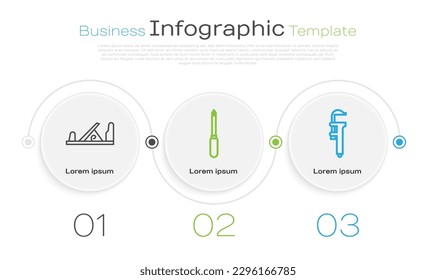 Set line Wood plane tool, Screwdriver and Calliper or caliper and scale. Business infographic template. Vector