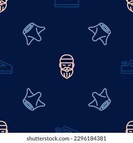 Set line Wood plane tool, Tree stump and Lumberjack on seamless pattern. Vector