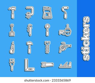 Set-line Holzflugzeug, Leaf-Gartengebläse, Winkelschleifer, Zement-Tasche, Kaliber oder Kaliber und Maßstab, Schneeschuhe, Kieferhammer und Schraubenschlüssel-Symbol. Vektorgrafik
