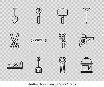 Set line Wood plane tool, Paint bucket, Sledgehammer, Snow shovel, Shovel, Construction bubble level, Pincers and pliers and Leaf garden blower icon. Vector