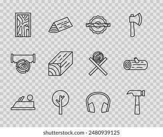 Set line Wood plane tool, Hammer, Electric circular saw, Tree, Closed door, Wooden beam, Headphones and logs icon. Vector