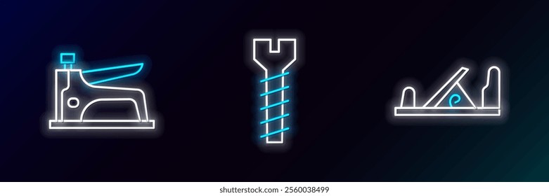 Set line Wood plane tool, Construction stapler and Metallic screw icon. Glowing neon. Vector