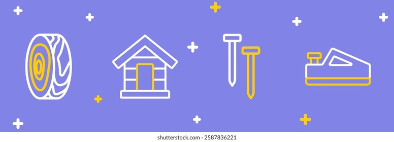 Set line Wood plane tool, Metallic nails, Dog house and Tree rings icon. Vector