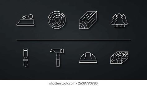 Set line Wood plane tool, Chisel, Christmas tree, Worker safety helmet, Hammer, Wooden logs, beam and  icon. Vector