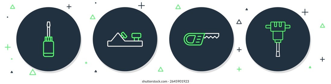 Set line Wood plane tool, Reciprocating saw, Screwdriver and Construction jackhammer icon. Vector