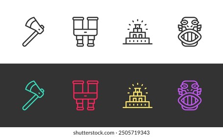 Set line Wooden axe, Binoculars, Chichen Itza Mayan and Mexican mayan or aztec mask on black and white. Vector