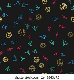 Set line Wooden axe, Bird footprint, Compass and Torch flame on seamless pattern. Vector