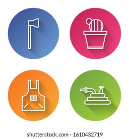 Set line Wooden axe, Cactus and succulent in pot, Kitchen apron and Garden hose or fire hose. Color circle button. Vector