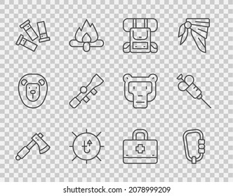 Set line Wooden axe, Carabiner, Hiking backpack, Sun, Cartridges, Sniper optical sight, First aid kit and Syringe icon. Vector