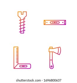Set line Wooden axe, Corner ruler, Metallic screw and Construction bubble level. Gradient color icons. Vector