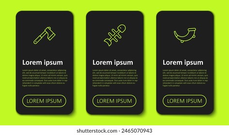Set line Wooden axe, Dead fish and Hunting horn. Business infographic template. Vector
