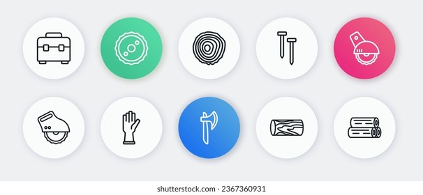 Set line Wooden axe, Electric circular saw, log, Metallic nails, Tree rings,  and Protective gloves icon. Vector