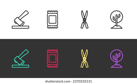 Set line Wooden axe, Fertilizer bag, Gardening handmade scissors and Tree on black and white. Vector