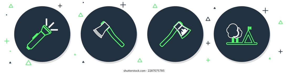 Fijar línea Taxo de madera, linterna y tienda de campaña turística con icono de bandera. Vector