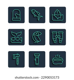 Set line Wooden axe, Flashlight, Hotdog sandwich, Iceberg, Albatross, Whale tail, Christmas mittens and Binoculars icon. Vector