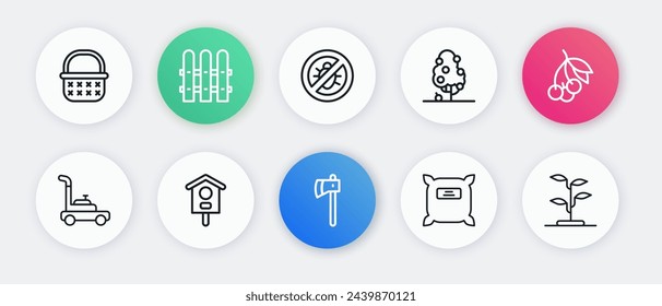 Set line Wooden axe, Fresh berries, Lawn mower, Pack full of seeds, Fruit tree, Stop colorado beetle, Sprout and Bird house icon. Vector