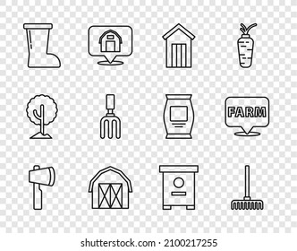 Set line Wooden axe, Garden rake, outdoor toilet, Farm house, Waterproof rubber boot, Hive for bees and Location farm icon. Vector