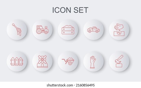 Set line Wooden axe, Garden fence wooden, Bag of flour, Rubber gloves, Honey dipper stick, Tractor, Windmill and Wheelbarrow with dirt icon. Vector