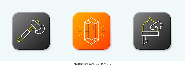 Set line Wooden axe, Gem stone and Viking in horned helmet icon. Vector
