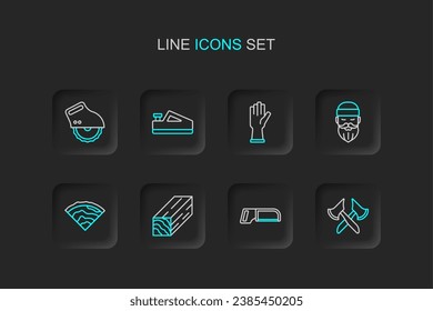 Set line Wooden axe, Hacksaw, beam, Lumberjack, Protective gloves, plane tool and Electric circular icon. Vector