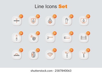 Set line Wooden axe, Hammer, beam, Tree rings, Electric circular saw, box, Hand and  icon. Vector