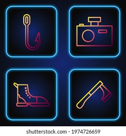 Set line Wooden axe, Hiking boot, Fishing hook and Photo camera. Gradient color icons. Vector