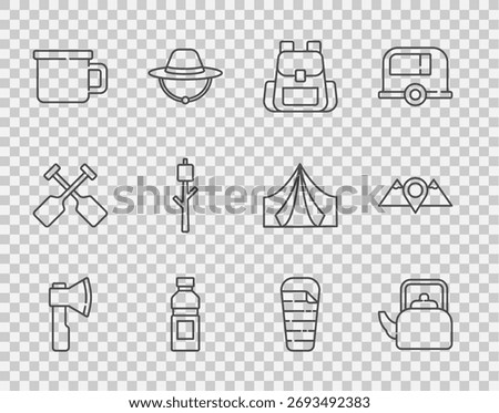 Set line Wooden axe, Kettle with handle, Hiking backpack, Bottle of water, Camping metal mug, Marshmallow on stick, Sleeping bag and Location mountains icon. Vector