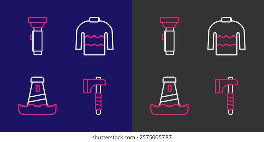 Set line Wooden axe, Lighthouse, Sweater and Flashlight icon. Vector