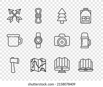 Set line Wooden axe, Location of the forest in laptop, Tree, map, Crossed arrows, Smart watch showing heart beat rate, monitor and Thermos container icon. Vector