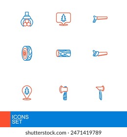 Set line Wooden axe, Location of the forest, Hand saw, Tree rings, log,  and  icon. Vector