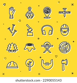 Set line Wooden axe, logs, Lumberjack, in stump, Metallic nails, Protective gloves and Headphones icon. Vector
