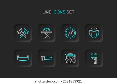 Set line Wooden axe, logs, Hand saw, Two-handed, Mustache beard, Circular blade, Electric circular and  icon. Vector