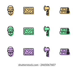 Set line Wooden axe, Lumberjack, beam and log icon. Vector