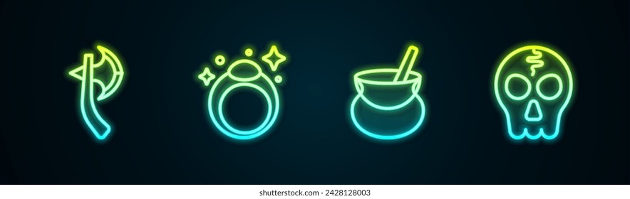 Set line Wooden axe, Magic stone ring, Witch cauldron and Skull. Glowing neon icon. Vector