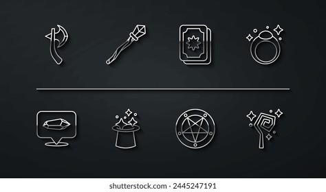Set line Wooden axe, Magic stone, ring, Pentagram circle, hat, staff,  and Tarot cards icon. Vector