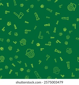 Set line Wooden axe, Monkey and Flashlight on seamless pattern. Vector