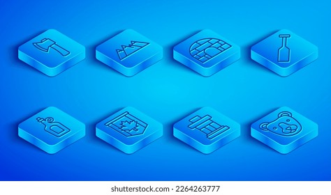 Set line Wooden axe, Mountains, Igloo ice house, Pennant flag of Canada, Inukshuk, Paddle, Bottle maple syrup and Bear head icon. Vector