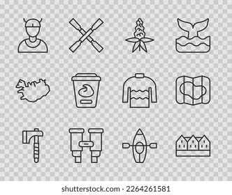 Set line Wooden axe, Norwegian wooden house, Lupine flower, Binoculars, Viking head, Yogurt container, Kayak and paddle and Map of Iceland icon. Vector