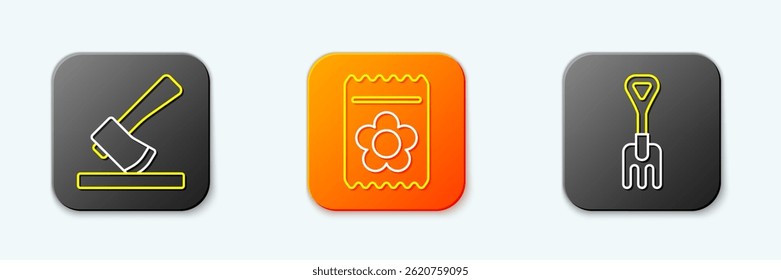 Set line Wooden axe, Pack full of seeds of plant and Garden rake icon. Vector
