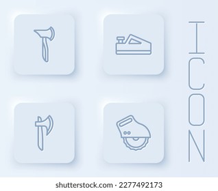 Set line Wooden axe, plane tool,  and Electric circular saw. White square button. Vector