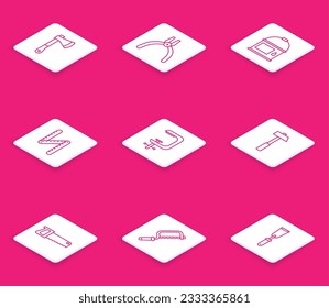 Set line Wooden axe, Pliers tool, Paint bucket, Folding ruler, Clamp and screw, Hammer, Hand saw and Hacksaw icon. Vector