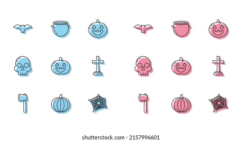 Set line Wooden axe, Pumpkin, Flying bat, Spider web, Tombstone with cross, Skull and Halloween witch cauldron icon. Vector